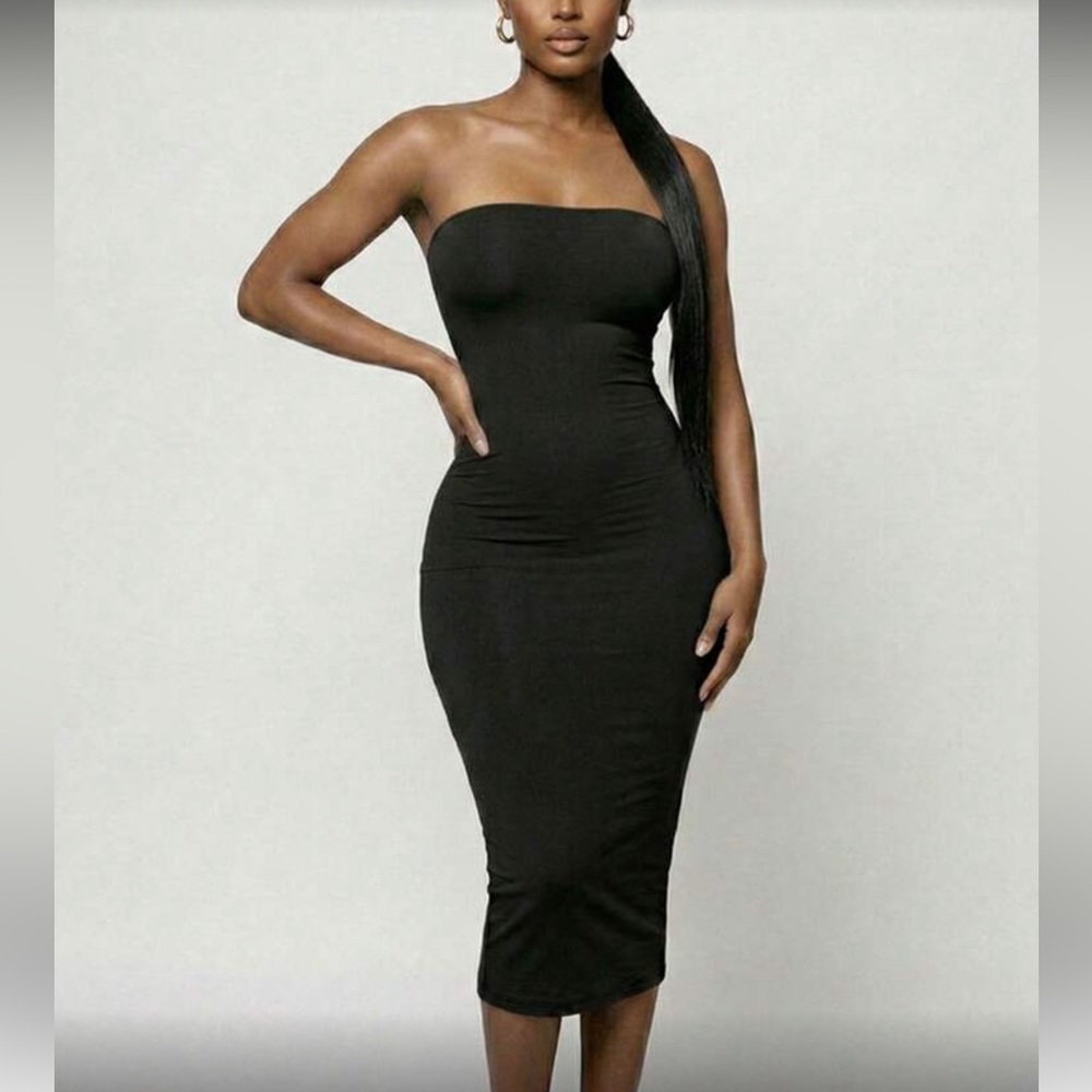 Black Strapless Bodycon Midi Dress
